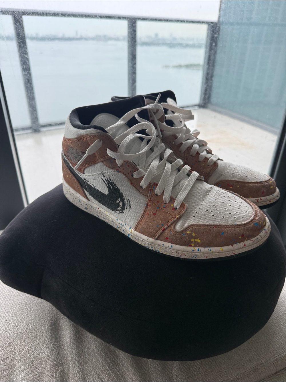 Jordan High-Top Sneakers in White, Brown and Black with Paint-Splatter Accents
